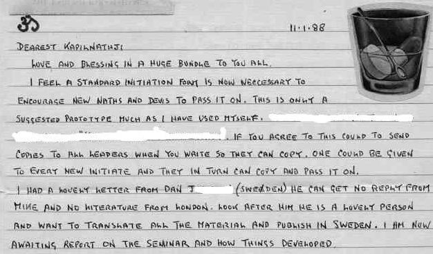 1988 handwritten letter from Mahendranath proposing a standard Nath initiation form and noting London’s unresponsiveness to Dan J.