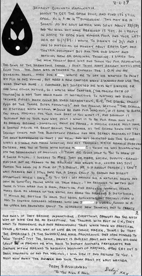 1989 handwritten letter from Mahendranath to Kapilnath, praising Open Door, proposing MAGIKOS, and critiquing AMOOKOS failures.