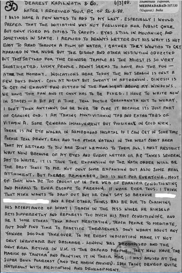 1988 handwritten letter from Mahendranath discussing Nath Order expansion, eye issues, and Michael’s meditation inconsistencies.