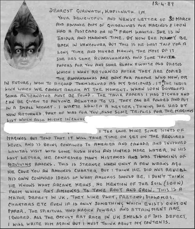 1989 handwritten letter from Mahendranath to Kapilnath, discussing Lalita’s trip, rudrashakas, and Michael’s AMOOKOS confusion.
