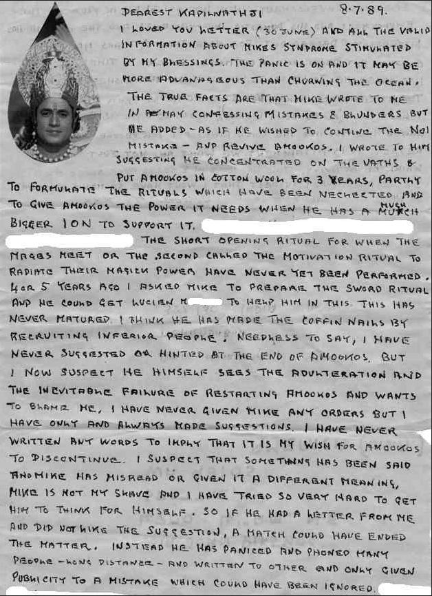1989 handwritten letter from Mahendranath to Kapilnath, addressing Michael’s AMOOKOS revival errors and neglected rituals.