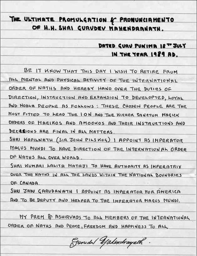 Hand written letter from Mahendranath