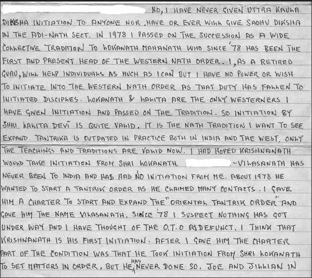 Handwritten letter from Mahendranath, 1985, clarifying no Uttara Kaula or Adi-Nath initiations, naming Lokanath and Lalita as sole Western Nath initiators.
