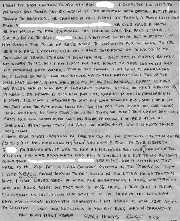 1985 handwritten letter from Mahendranath lamenting Eric’s pseudo-initiation by Vilasanath, clarifying no Uttara Kaula diksha.