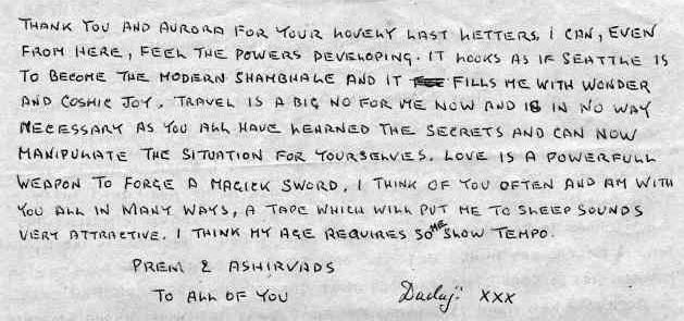 1988 handwritten letter from Mahendranath praising Seattle’s Nath progress, likening it to Shambhala, and sending love.